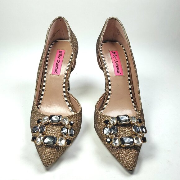 Festive Betsey Johnson Metallic Gold Glitter Jezzy D'orsay Heels Dress Pump - Picture 4 of 13